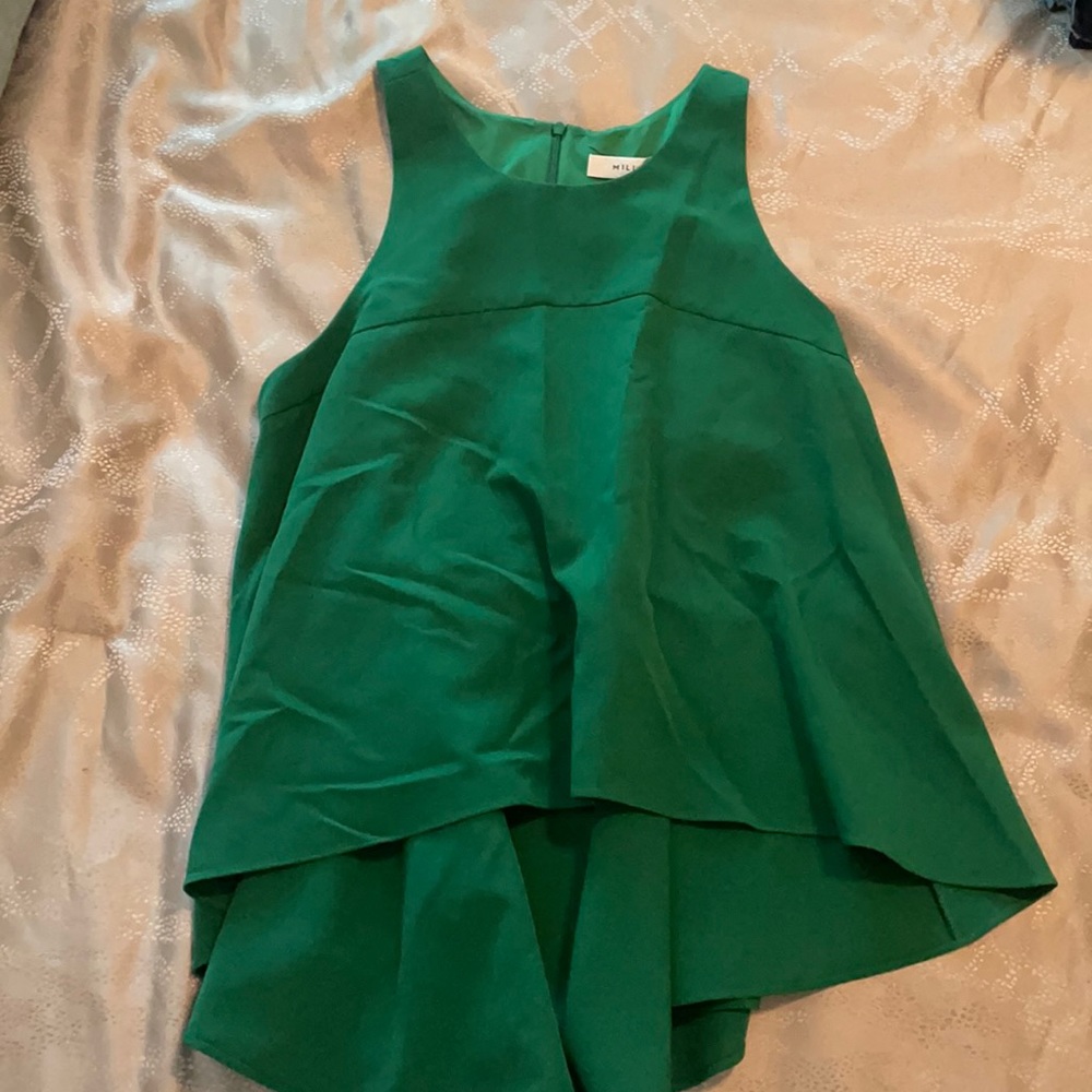 Milly green sleeveless, high-low top; Size large